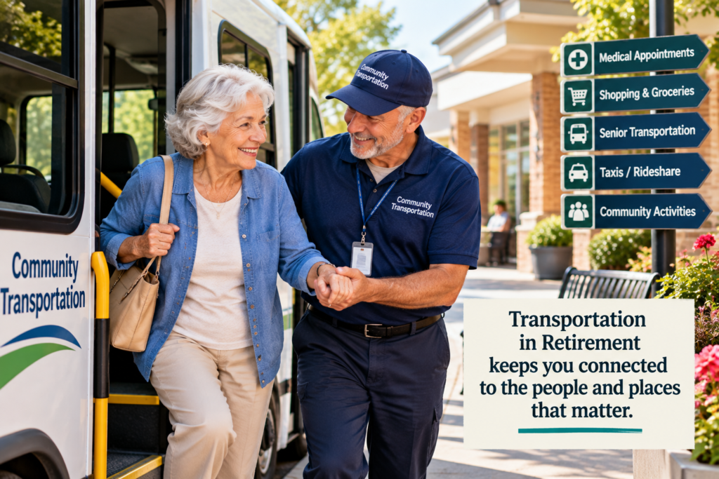 Transportation in Retirement: How to Stay Independent When Driving Changes 1 An older woman exits a community transportation bus with help from a driver. Nearby signs list local services, and another sign highlights the benefits of transportation in retirement.