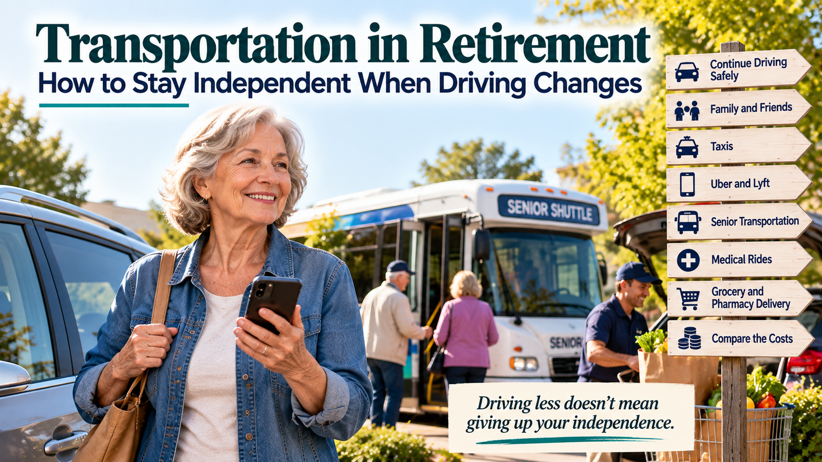 Smiling older woman holding a phone stands by a produce stand as a senior shuttle bus arrives. Signs list transportation options for retirees, highlighting the importance of reliable transportation in retirement.