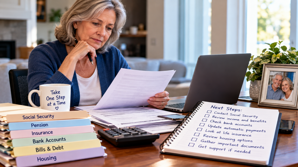 When a Spouse Dies: Financial Steps for the Surviving Partner 1 Older woman reviews paperwork at a desk with organized folders, calculator, and a checklist of next steps related to finances and retirement planning, carefully considering important decisions that arise when a spouse dies.