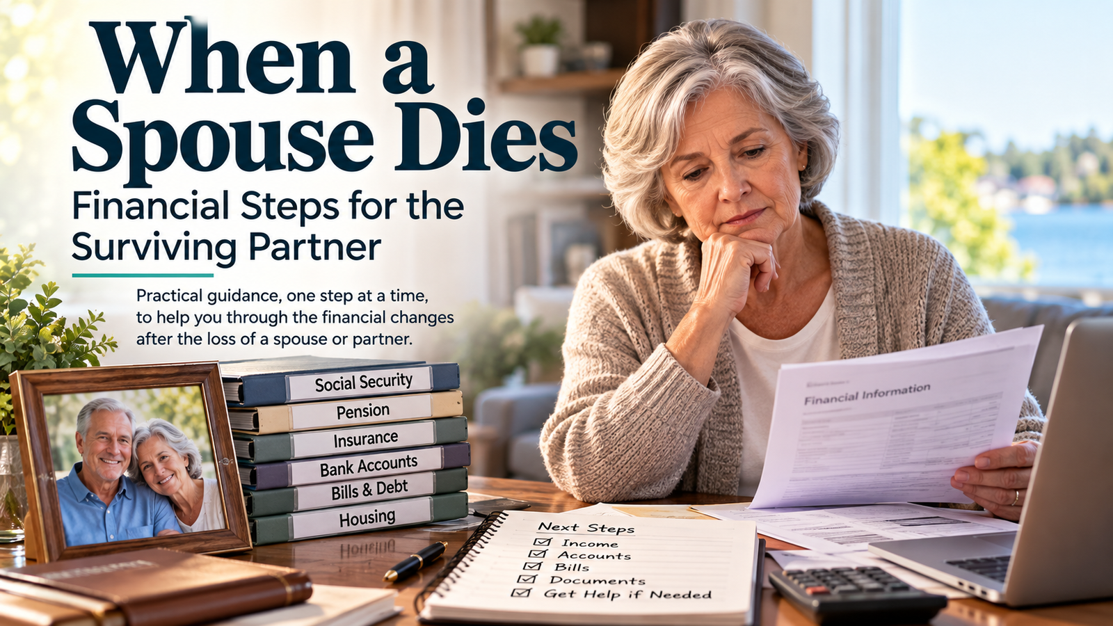 Older woman reviews financial documents at a desk with labeled binders, a framed couple’s photo, and a checklist outlining important steps to take when a spouse dies.