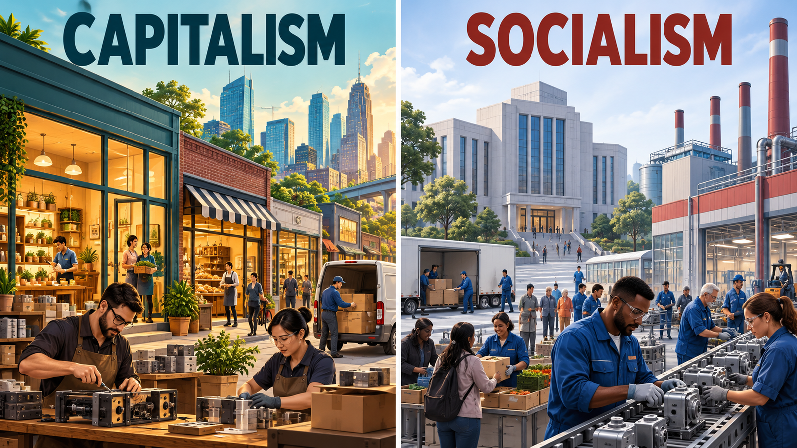 Socialism and capitalism shown side by side, with private businesses on the left and public production on the right.