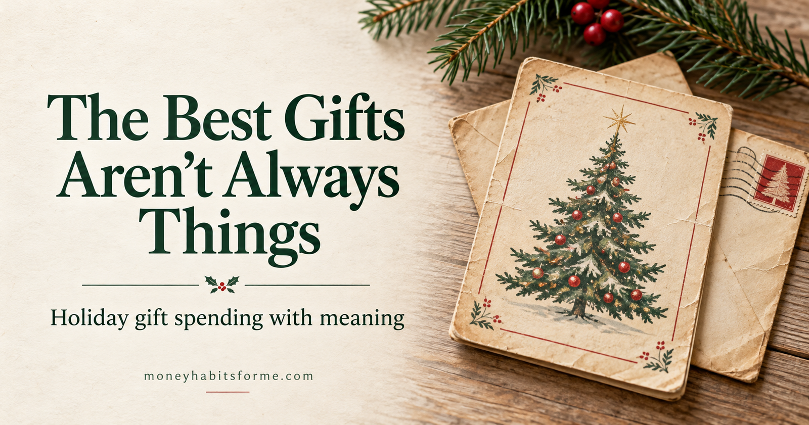 Text on a textured background reads: “The Best Gifts Aren’t Always Things. Holiday gift spending with meaning.” To the right are vintage-style cards featuring a decorated Christmas tree and a pine sprig.