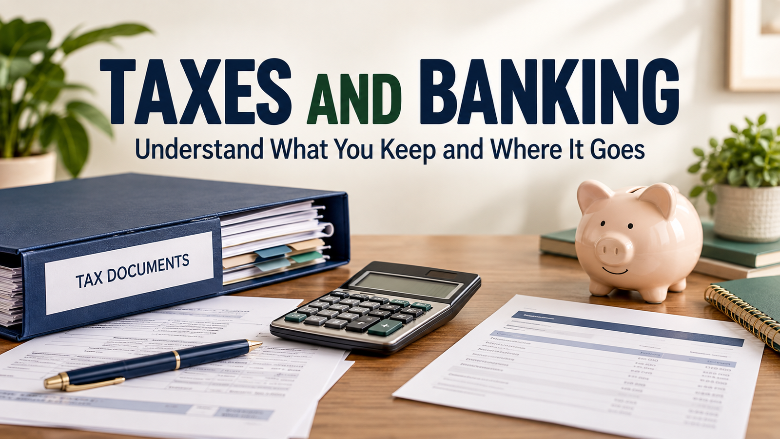 A binder labeled “Tax Documents,” a calculator, a pen, and a piggy bank on a desk, representing the essentials of taxes and banking.