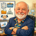 An older man with a beard sits smiling at a desk, surrounded by contract-related graphics, a laptop with a chart, a coffee cup, and office icons in the background.