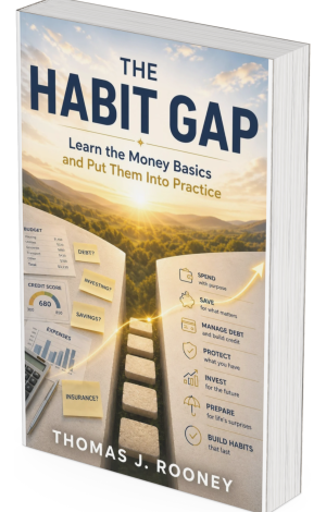 3D-rendered cover of “The Habit Gap” by Thomas J. Rooney, featuring money, charts, and icons illustrating Simple Money Habits, with a step-by-step arrow pointing upwards.