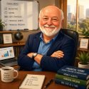 Smiling older man, Tom Rooney, sits in an office with arms crossed at a desk surrounded by books, charts, a coffee mug, and a whiteboard listing financial skills and goals.