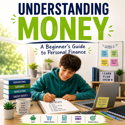 A young person writes a financial plan at a desk with budgeting materials, a laptop, and goal reminders; text reads “Understanding Money: Simple Money Habits for Personal Finance Beginners.”.